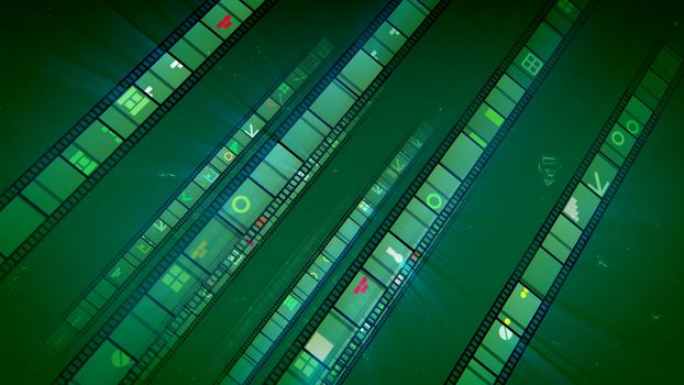 A wonderful 3d illustration of straight cinema tapes inclined to the right and glowing with colorful bricks, arrows, windows, keyholes and other pictures in the light khaki background in a funny way. 