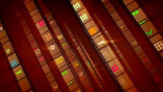 An optical art 3d illustration of four diagonal film tapes sparkling brightly, being full of colorful windows, hexagons, brackets, and other shapes in the dark brown background. They look optimistic