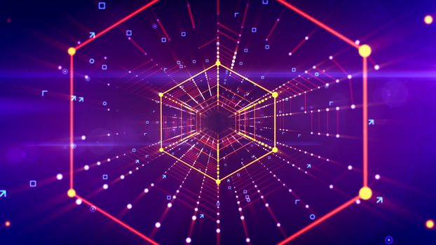 A splendid 3d illustration of a sparkling hexagonal neon tunnel placed in the bright violet cyberspace with blue and yellow stripes of spots. It has connected networks of dots in a long pipe.