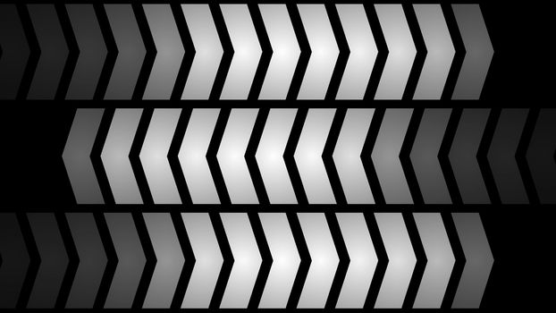 An arty 3d illustration of led panel lights from angle quotes located together and forming three moving ways. The central one rolls in an opposite way in the black background. They look optimistic.