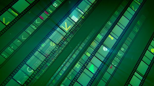 A stunning 3d illustration of straight film tapes located aslant shining brightly with violet, white and yellow images. They are placed in the dark green background in a joyful and optimistic way. 