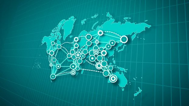 An artistic 3d illustration of an abstract world map linking big cities, pinpointed with flashy rounds, with flying white lines placed on rectangular grid in the jungle green background put aslant.