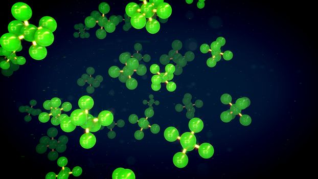 An impressive 3d illustration of green atoms linked in volumetric molecular structures spinning around in the black background. It looks like a scientific experiment in a biological laboratory. 