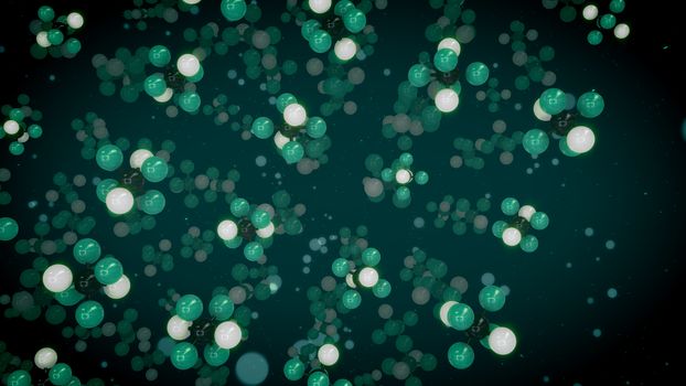 An artistic 3d illustration of green, white and black atoms linked in multidimensional molecular structures flying away in the dark green background. They look cheerful and alive. 