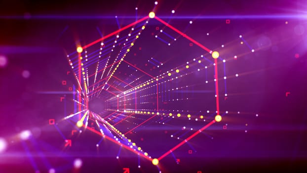 A fabulous 3d illustration of a shining hexagonal neon tunnel put in the bright violet cyberspace with blurred purple and yellow stripes of squares. It has connected grids of lines and spots.