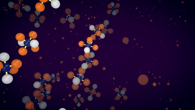 An amazing 3d illustration of orange, white and blue atoms linked in volumetric molecular structures flying up in the dark violet background. It looks like a medical research in a modern laboratory. 