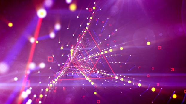 A mesmerizing 3d illustration of a wavy triangular neon tunnel with blurred rhombus forms inside rolling in the bright purple background with stripes of linked and shining plasma spots and squares.
