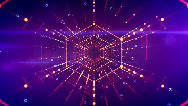 3d illustration of a straight hexagonal neon tunnel stretched in the bright violet background with blue and yellow lines of spots. It has linked scarlet web and looks like a futuristic portal.