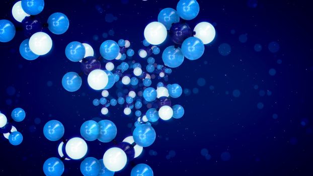 A cheery 3d illustration of celeste, white and blue atoms connected in volumetric molecular jumping up and down in the dark violet background. It looks like a chemical research in a modern laboratory.