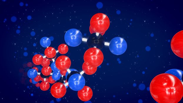 A magnificent 3d illustration of red, blue and black atoms linked in bright molecular structures soaring up and down in the blue background. They shape the mood of scientific respect and innovation. 