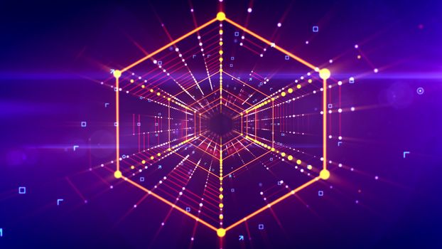 A sci-fi 3d illustration of a moving hexagonal neon tunnel placed in the bright violet background with sparkling spots. It looks like an impressive time portal and has a psychedelic effect.