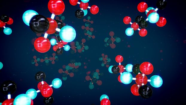 A splendid 3d illustration of red, celeste, red and black atoms linked in multidimensional molecular structures flying in the violet background. They look alive and energetic. 