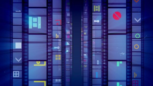 A flashy 3d illustration of vertical movie tapes with multicolored spots, squares, staircases, keyholes, circles, illuminators, figures in the dark violet background. They look optimistic and jolly. 