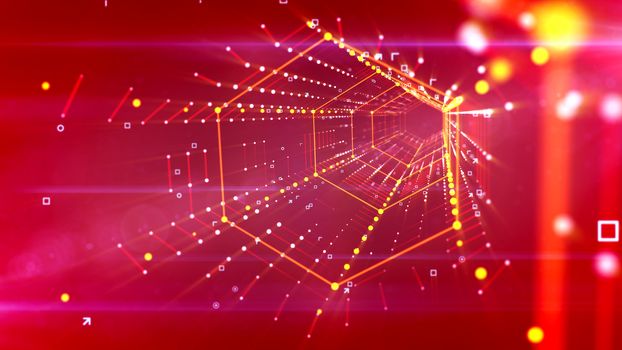 A splendid 3d illustration of a hexagonal neon tunnel placed aslant and stretched in the bright purple background with rows of linked and shining golden dots and resembling a giant spider web.