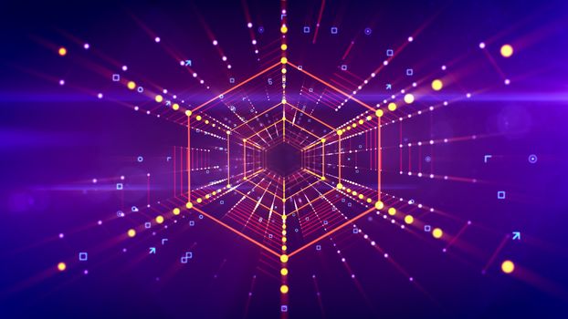 3d illustration of a straight hexagonal neon tunnel stretched in the bright violet background with golden lines of shining dots. It has linked red grid and looks like a futuristic time tunnel.