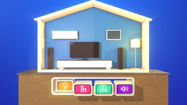 A jolly 3d illustration of a smart home with one pressed button meaning a lit floor lamp. The other appliances including plasma TV, long speakers, white bed, conditioner are not turned on.