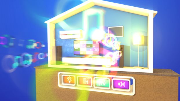 Merry 3d illustration of a smart home with four pressed icons meaning a flat plasma TV with pictures, rectangular speakers with blurred musical bubbles, lit floor lamp, white bed and air conditioner.