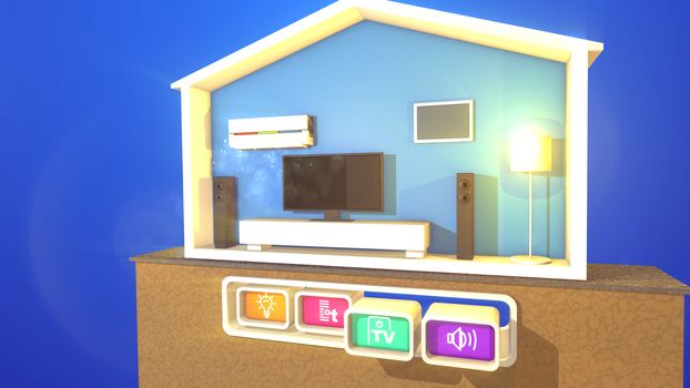 A striking 3d illustration of turned on floor lamp, black plasma TV, and air conditioner in a smart home section with modern conveniences connected with four toy looking buttons.