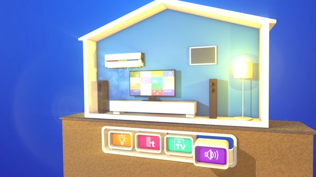 A stunning 3d illustration of turned on floor lamp, black plasma TV, and air conditioner in a smart apartment section with modern conveniences connected with four toy looking icons.