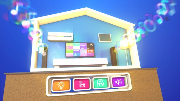 An optimistic 3d illustration of a switched on smart home with a flat plasma TV and bright images, rectangular speakers and blurred musical bubbles, lit floor lamp, white bed and conditioner