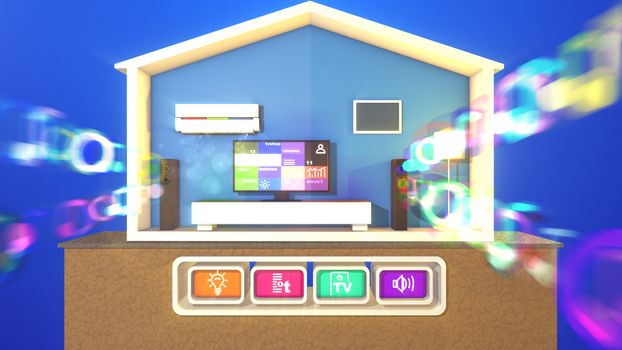 An optimistic 3d illustration of a symmetric smart home with switched on TV plasma TV and eight pictures, long speakers and hazy musical bubbles, lit floor lamp, white bed and conditioner