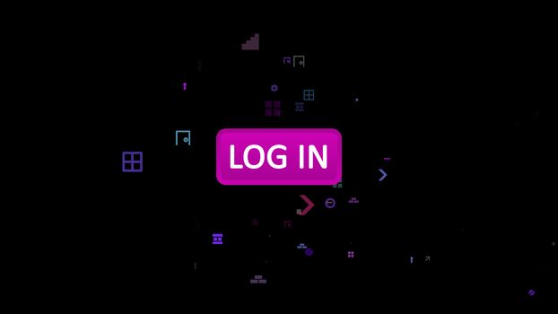 3d illustration of an oval rosy log in icon in the black background with flying bricks, hexagons, screws, staircases, keyholes, spots, windows, arrows, spots and other cheery computer figures.