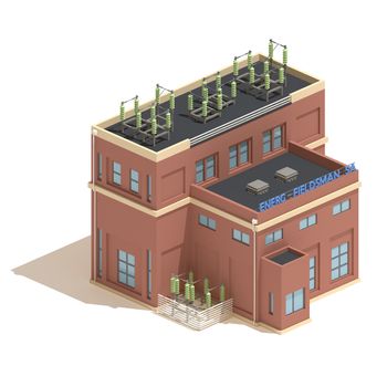 Flat 3d model isometric red brick power station industry illustration isolated on white background.