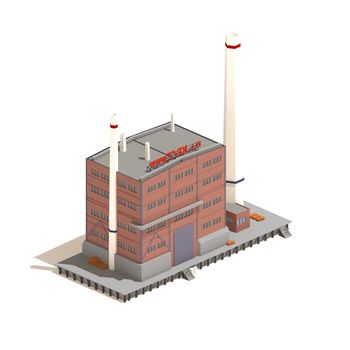 Flat 3d model isometric red brick industry or factory building illustration isolated on white background.