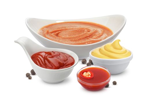 Ingredients of cocktail sauce isolated on white background. Mayonnaise, ketchup and hot pepper. Shrimp sauce