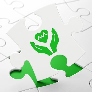 Insurance concept: Heart And Palm on White puzzle pieces background, 3D rendering