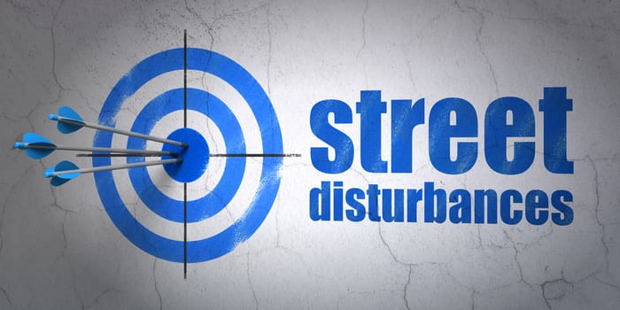 Success political concept: arrows hitting the center of target, Blue Street Disturbances on wall background, 3D rendering