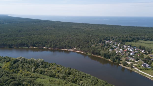 Gauja river Latvia drain into Baltic Sea aerial drone top view