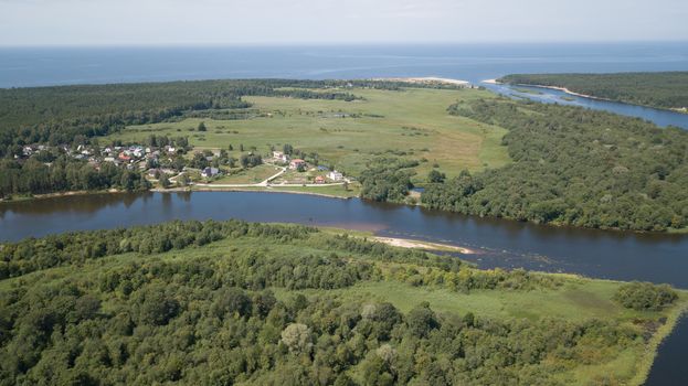 Gauja river Latvia drain into Baltic Sea aerial drone top view