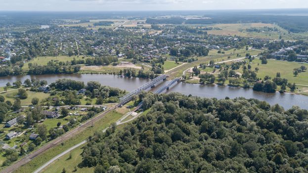 Gauja river Latvia drain into Baltic Sea aerial drone top view