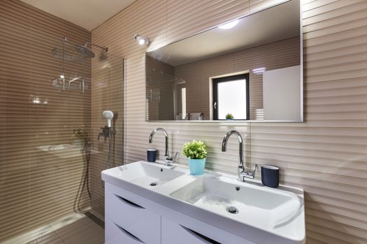 interior of modern bathroom and shower