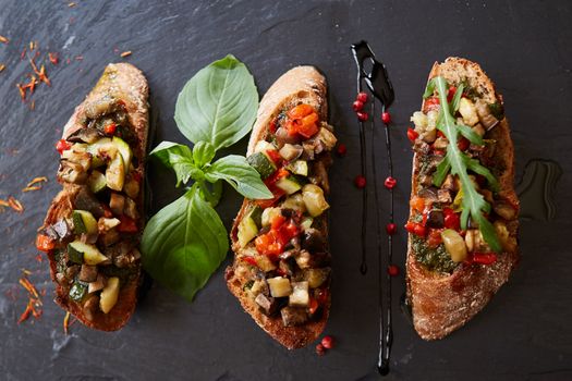 Healthy whole grain bread toast with sweet baked pepper and tomato. Healthy Nutritious