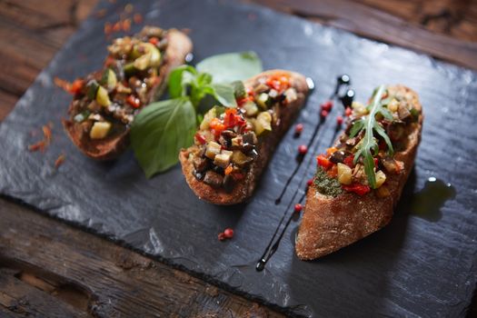 Healthy whole grain bread toast with sweet baked pepper and tomato. Healthy Nutritious