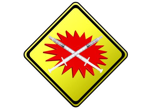 Two crossed syringes on a yellow warning sign with red symbol