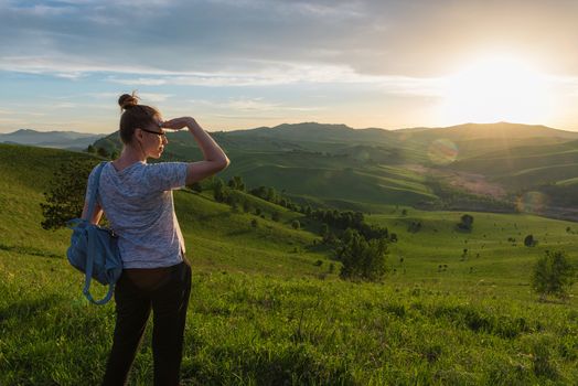 Woman in Altai mountain, beauty summer landcape