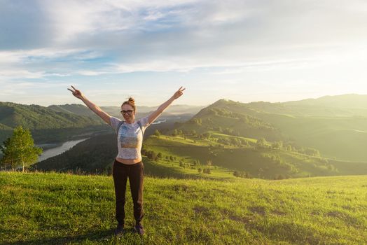 Woman in Altai mountain, beauty summer landcape