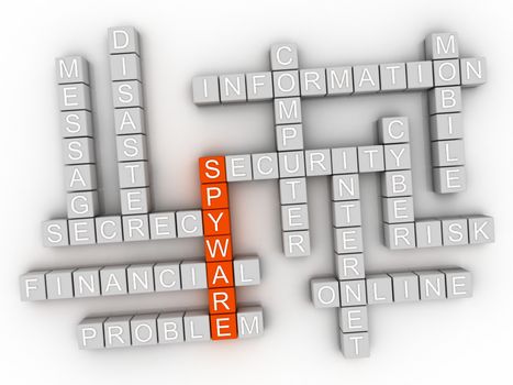 3d Spyware word cloud concept on white background. 3D rendering.