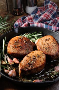 Beef steak. Juicy medium Rib Eye steak slices  herbs spices 