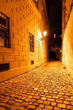 Narrow cobbled street illuminated by street lamps of Old Town, Prague, Czech Republic.