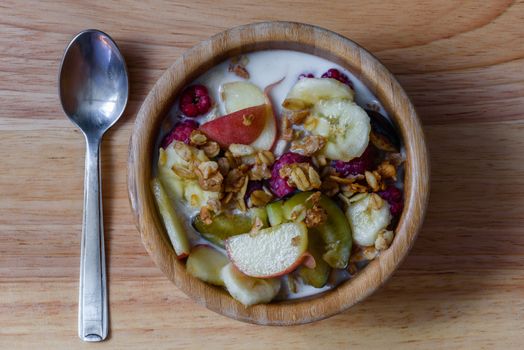 Bowl of milk with muesli, berries and fruits. Superfood - very good and healthy breakfast