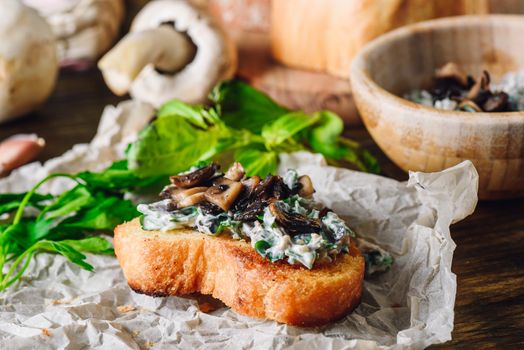 Bruschetta with Fried Agaricus and Sour Cream on Paper