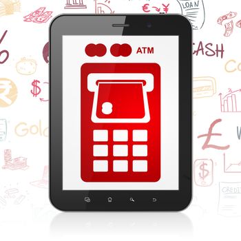 Banking concept: Tablet Computer with  red ATM Machine icon on display,  Hand Drawn Finance Icons background, 3D rendering