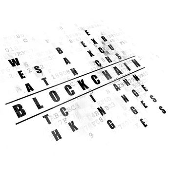 Money concept: Pixelated black word Blockchain in solving Crossword Puzzle on Digital background