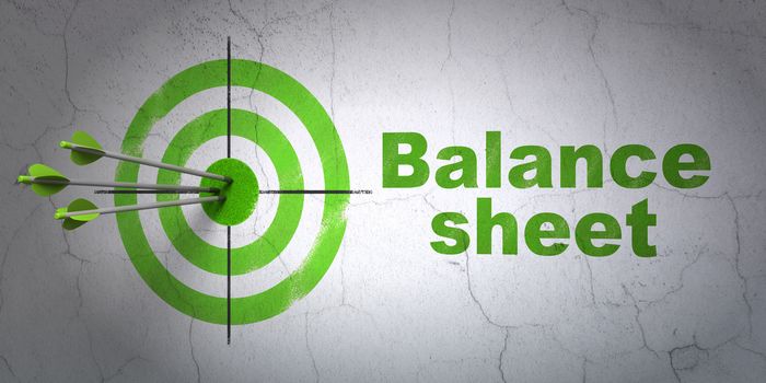 Success currency concept: arrows hitting the center of target, Green Balance Sheet on wall background, 3D rendering