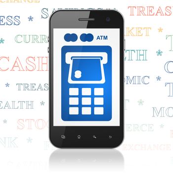 Money concept: Smartphone with  blue ATM Machine icon on display,  Tag Cloud background, 3D rendering