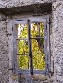 Old abandoned stone-built house in Old Perithia at Pantokrator Mountain, Corfu Island, Greece. Old Perithia is a ghost village on the northern side of Corfu.